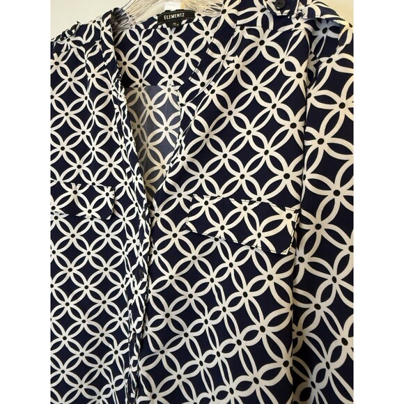 Elementz Women’s XL Navy White Chain Print Button Blouse Elegant Classic Style - Picture 7 of 10